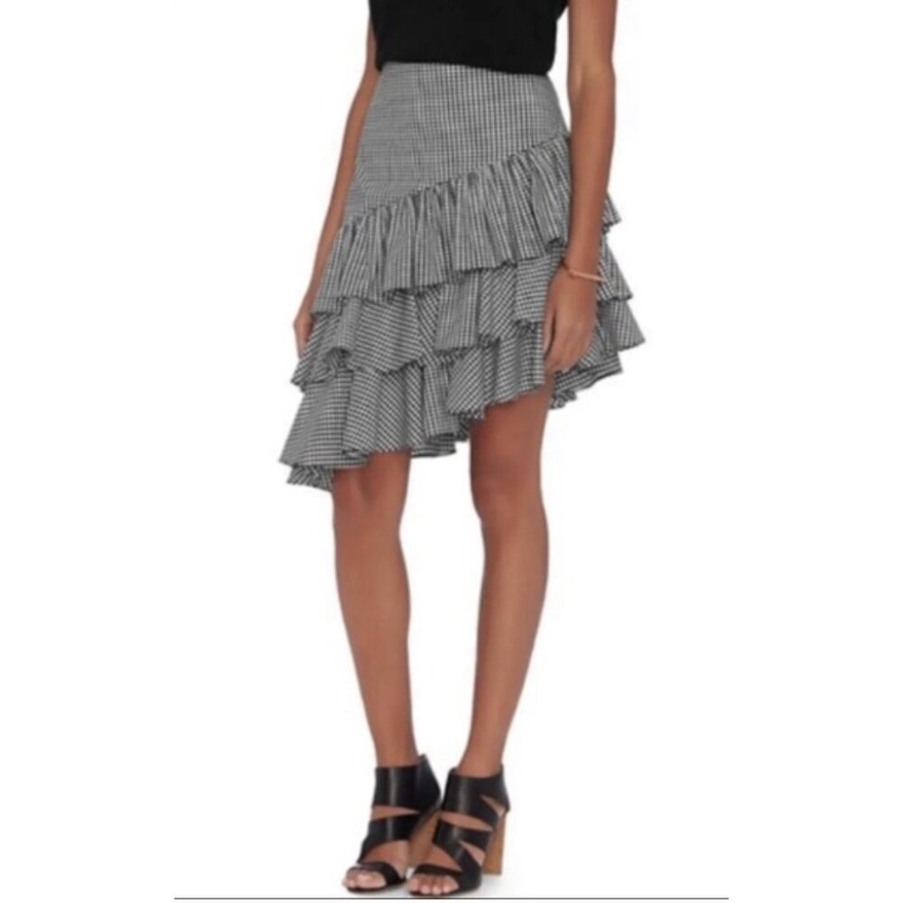INTERMIX Marion Ruffle Tiered Skirt in Black Gingham Cottagecore Preppy Boho NWT